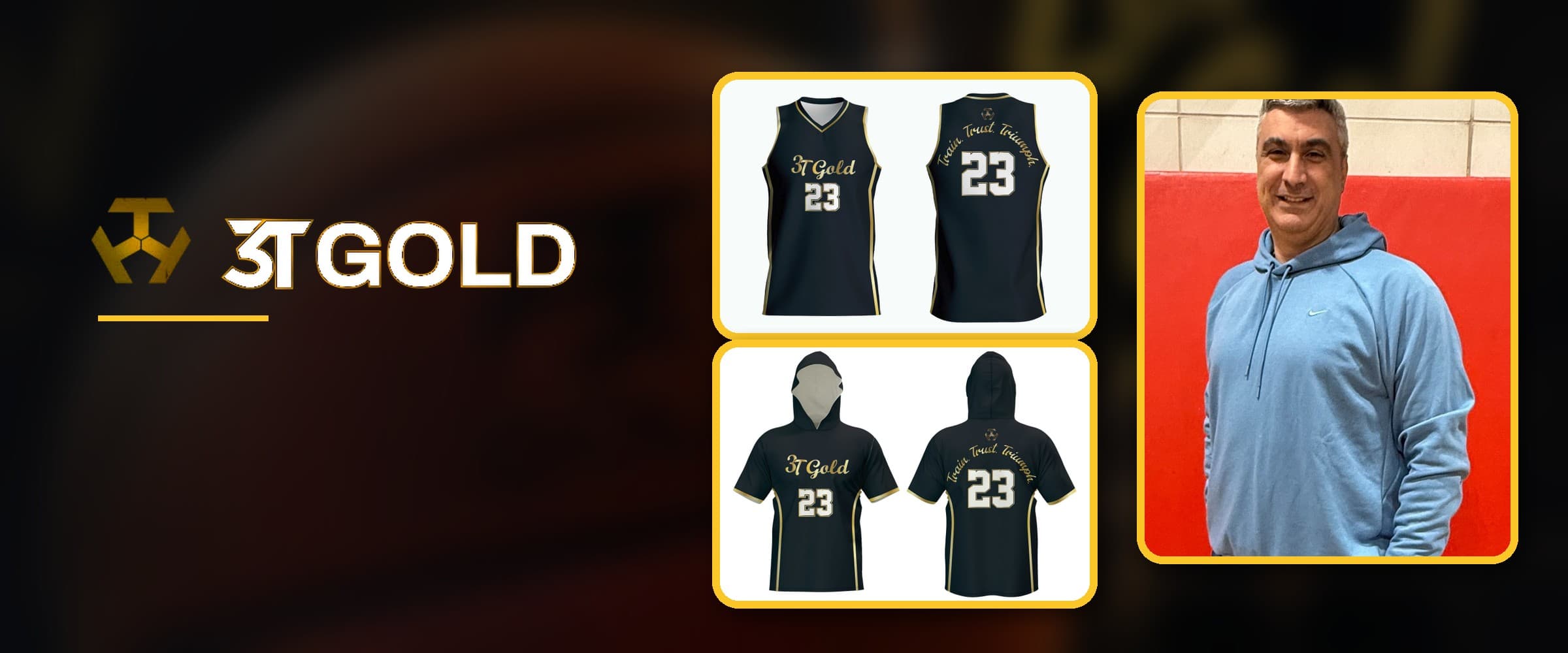 3T Gold Basketball logo beside the club's black and gold game jersey and shooting shirt and a photo of Head Coach Tony Dib in the gym
